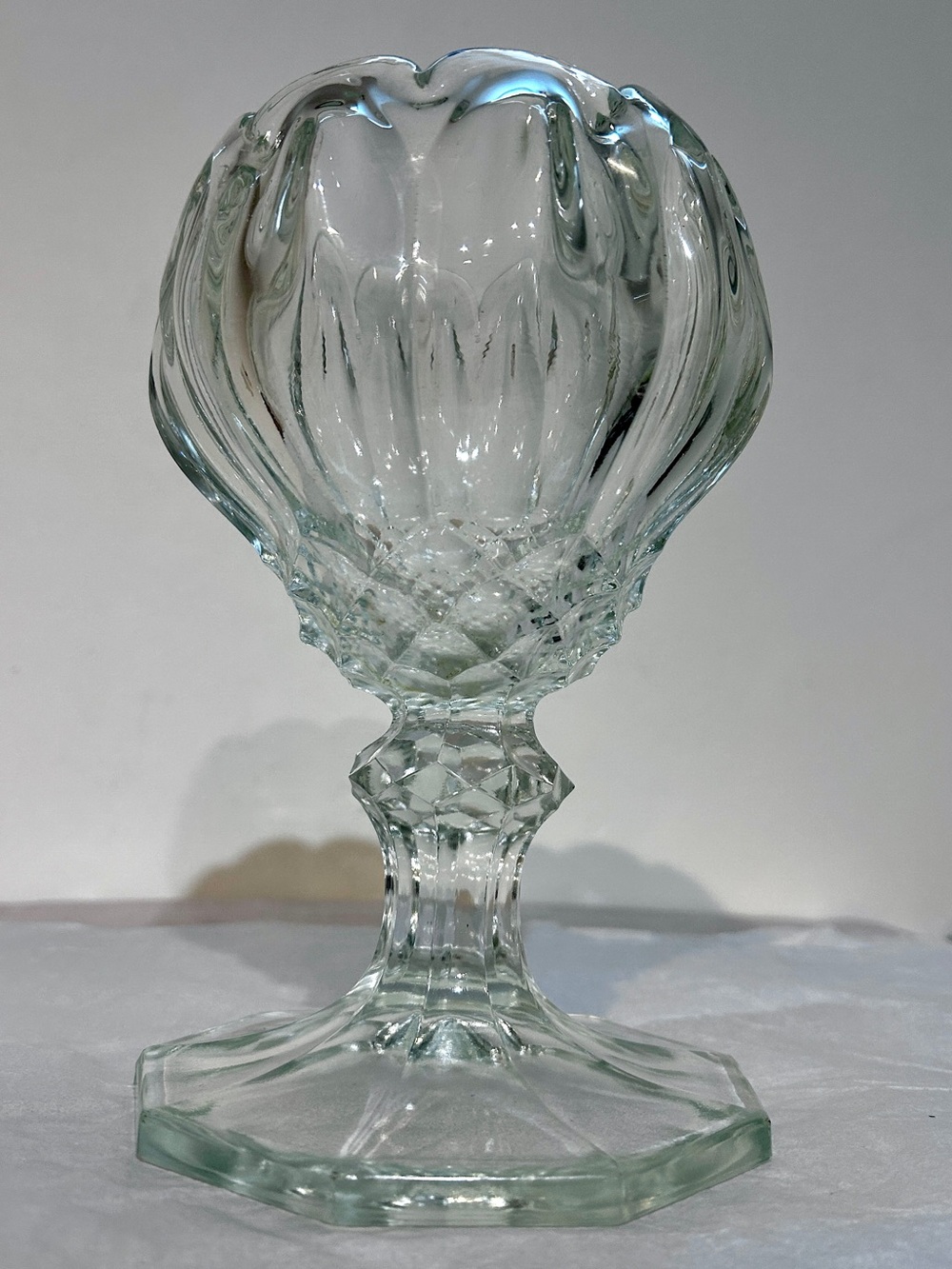Vtg EAPG Glass 7.5” Diamond Point Pedestal Cottage Chic Style Vase Centerpiece